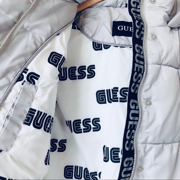 Silver Guess Logo Quilted Puffer Jacket - Picture 6 of 9